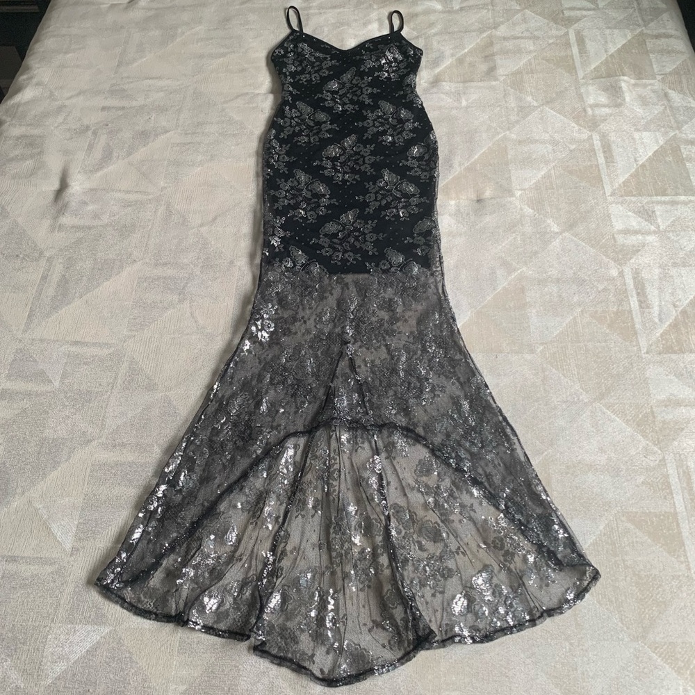 Vintage Black Dress with Silver Floral Mesh Overlay